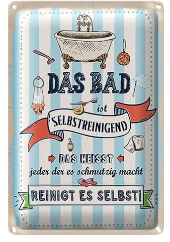 Lustiges Blechschild | Das Bad ist selbstreinigend | Retro-Stil | 12 cm x 18 cm
