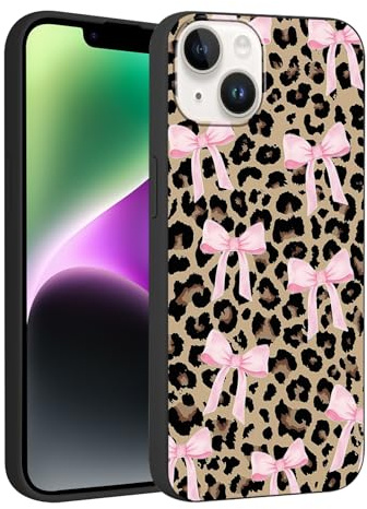 Yoedge Stylish Pink Bow Leopard Phone Case for iPhone 14/iPhone 13 6.1,Cartoon Leopard Print Aesthetic Cases Design Pattern Cases for Girls Women Boys,Soft Silicone TPU Protective Cover Fundas