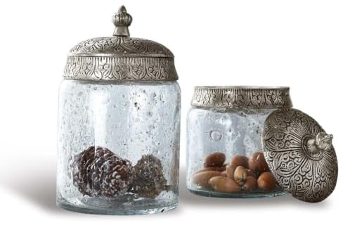 Loberon Glasdose 2er Set Laurnena, klar/Silber | Kunstvoll verzierte Metallverschlüsse, Fein strukturiertes Glas, Mundgeblasen