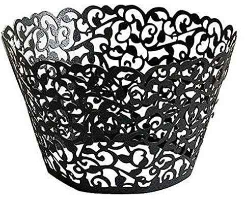 Trimming Shop Black Cupcake Wrappers Laser Cut Floral Design Paper Cup Holders, Muffin Cup Liners for Weddings, Baby Showers, Birthdays, Anniversaries & Special Events (Pack of 25)