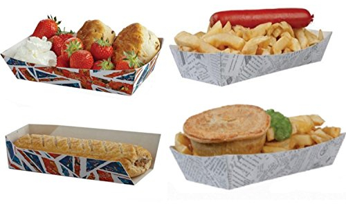MustBeBonkers Fast Food Take Away Disposable Hot Dog/Chip/Pie/Baguette Holder Tray Small & Large (Newsprint Large Open Tray, 10)