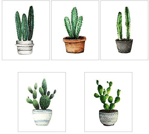 Meishe Art Modern Poster Print Cactus in Pot Potted Cacti Watercolor Painting Botanical Green Succulent Plants Fashion Home Wall Decor 5pcs(20cm x 25cm)
