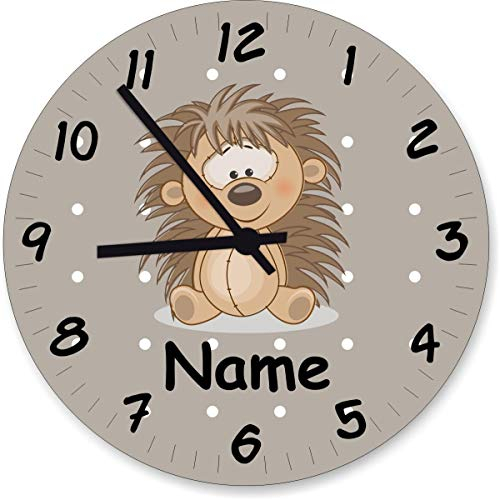 ShirtInStyle Wanduhr Kinderzimmeruhr Igel mit Wunschnamen Geschenk Uhr Kinder Handmade, 29cm, Farbe Pastellbeige