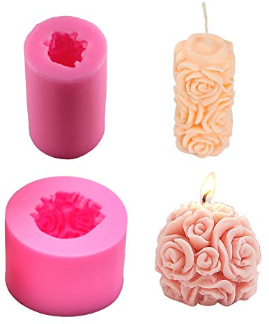 Fewo 2 Stück 3D-Rosen-Kerzen-Formen in Zylinder- und Kugelform, Rosenblüten-Silikon-Formen für selbstgemachte Bienenwachskerzen, Badekugeln, Mini-Seifenlotion, Bar-Wachs