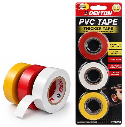 Dekton 3PC Insulation Tape - Red, Yellow & White | Up to 600V Protection | Self-Fusing Adhesive PVC Tape | Water Resistant | Works in -0 to 8°C Temperatures | Strong, Reliable, and Long-Lasting