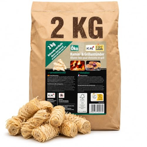 KMFiremaker 2KG ökologische Anzündwolle - Vorrat nachhaltige Holzwolle Anzünder mit natürlichem Wachs für Kamin, Grill, Pizzaofen, Feuerstelle und offene Feuer 2 Kilo