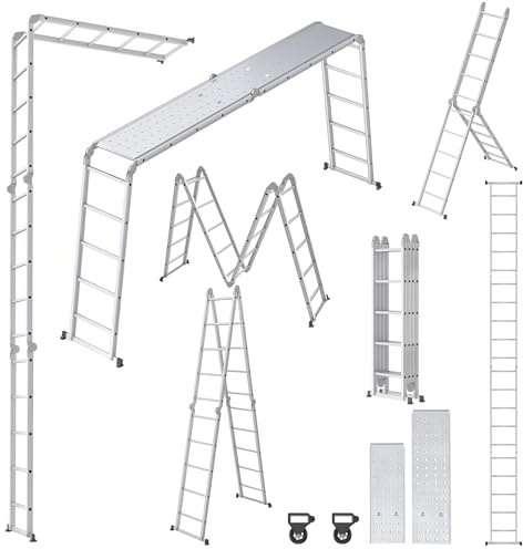 Froadp Mehrzweckleiter 6 in 1 Klappbare Vielzweckleiter Aluminum Gerüst Teleskop-Design Arbeitsleiter mit 2 Rollen & plattform Multifunktions Kombileiter Belastbarkeit bis 150KG (5,5M)