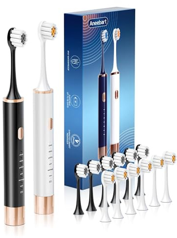 Aneebart Sonic 2 Pack Electric Toothbrush for Adults, Travel Toothbrush Includes 12 Replacement Toothbrush Heads, 6 Modes with 2 MIN Smart Timer (Black White)