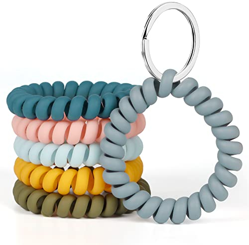 Uniclife 6 PCS Wrist Keychain Flexible Spring Spiral Coil Key Holder with Silver Key Ring Stretchable Wristband Wristlet Bracelet Hair Tie for ID Badge Sauna Gym Pool and Outdoor Sports