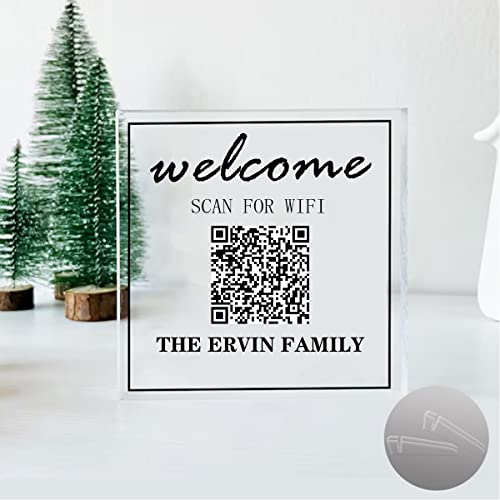 Pahdecor Letrero de código QR WiFi personalizado con base de madera, letrero WiFi acrílico transparente personalizado para invitados, decoración rústica de escritorio de pared (5 x 5 pulgadas)