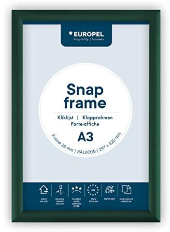 EUROPEL leichter Klapprahmen DIN A3, Farbe Grün, Easy-Click System, Profil 25x11 mm, eloxiertes Aluminium und blendfreie Schutzfolie, Außenmaß 328x451 mm, grau Polystyrol Rückseite