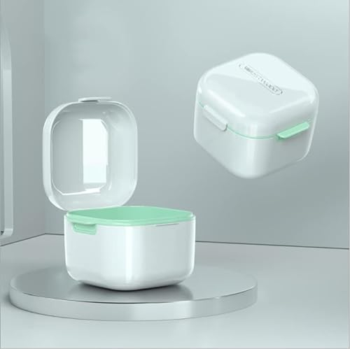 Zahnprothesenbox mit Sieb, tragbarer Behälter für falsche Zähne, hygienischer Zahnprothesenbehälter für die Aufbewahrung und das Eintauchen von Mundschutz-Halterungen und Zahngeräten (Weiß)