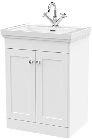 nuie CLC125A Classique Traditional Bathroom Floor Standing 2 Door Vanity Basin Unit with 1 Tap Hole Fireclay Basin, 600mm, Satin White