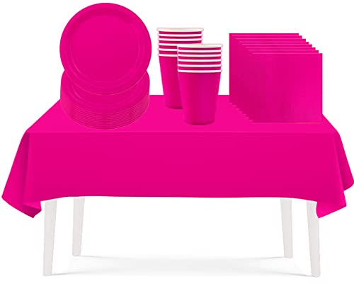 53PCS Hot Pink Party Tableware Decorations for Kids Birthday, Disposable Tableware Set - Tablecloth, Table Covers, 7inch Paper Plates, Paper Napkins, Cups for Xmas Birthday Wedding Party Favor
