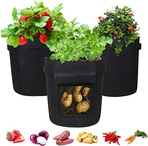 SunStream 3-Pack 7 Gallon 27L Heavy Duty Thickened Nonwoven Fabric Pots Potato Grow Bags with Handles windows for Tomatoes(3-Pack 7Gallon)