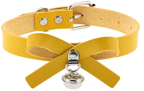 Duories Leder Choker Kette,Halsband aus Leder mit Schleifenknoten und Glöckchen,Verstellbarer Choker 30 cm–40 cm für Damen Herren,Geeignet für Abschlussball, Date, Party, Club, Bar, Konzert,Gelb