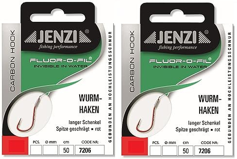 Set: 2 Packungen Wurmhaken, von Jenzi rot Gebunden an Fluor Carbon, 50 cm, Hakengröße: 2, 4, 5, 6, 8, 10, 14+ gratis Petri Heil! Aufkleber(Hakengröße: 10)