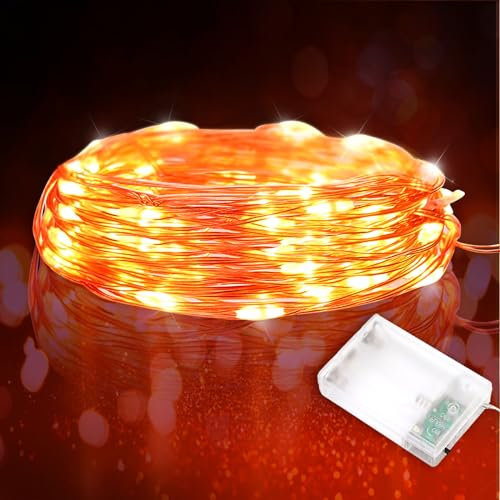 Halloween Decoration Orange Fairy Lights - 9.8ft 30 LED String Lights, Micro Silver Wire, Battery Operated, 3m Waterproof for Outdoor/Indoor Autumn Party Decor