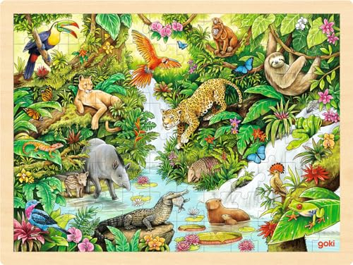 goki 57329 - Einlegepuzzle Im Dschungel aus Holz, Holzpuzzle mit Tieren des Urwaldes, Lernspielzeug und Kinderpuzzle, fördert Fantasie und Motorik der Kinder, 40cm x 30cm, 96er Set, ab 3 Jahre