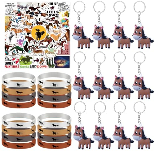 74 Stück Kindergeburtstag Pferde gastgeschenke, 12 Pferde Silikon Armbänder, 12 Pferde Schlüsselanhänger, 50 Pferde Aufkleber, Kindergeburtstag Pferde mitgebsel, Geburtstagsgeschenke für Jungen