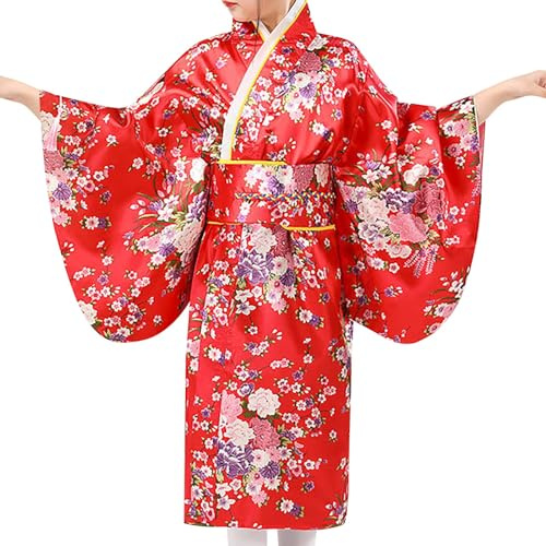 Abito tradizionale giapponese per bambina - Abbigliamento per bambini - Kimono per neonata - Vestiti e gonna patchwork per bambina, Rosso #1, 9-10 Anni