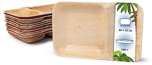 onlyleaf Palmware - Vassoio da pasto monouso da 100 pezzi realizzato in foglia di palma rettangolare 24x15cm con 2 scomparti separati I bio da tavola monouso biodegradabile