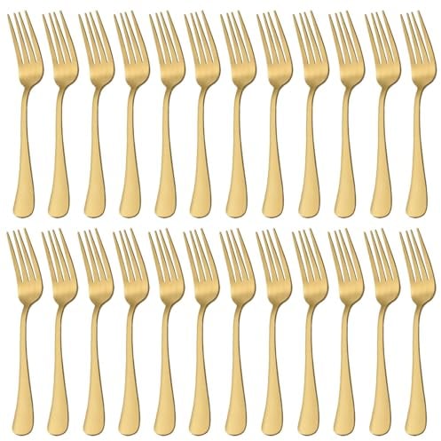 Forks Set of 24, Pleafind Matte Gold Table Fork, Premium Stainless Steel Dinner Forks, Durable Fork Set Use for Home/Kitchen/Restaurant, Dishwasher Safe (8 inch, 20.3 cm)