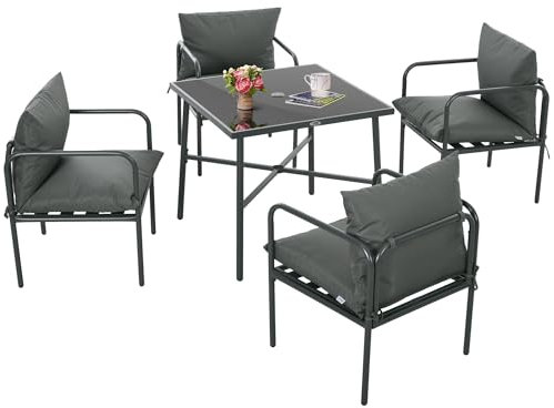 Outsunny Set Tavolo e Sedie da Giardino 5 Pezzi, Set da Esterno con 4 Sedie con Cuscini Lavabili e Tavolo con Foro Centrale per Ombrellone, Salotto da Giardino in Acciaio, Grigio