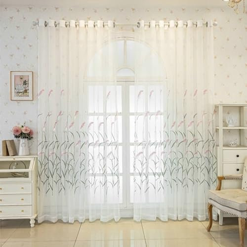 Gualiy Vorhang Schlafzimmer Transparent, Gardinen Vorhänge 2er Set mit Ösen 132x274CM mit Weizen Gestickt Gardinen Rosa Grün Vorhänge für Wohnzimmer