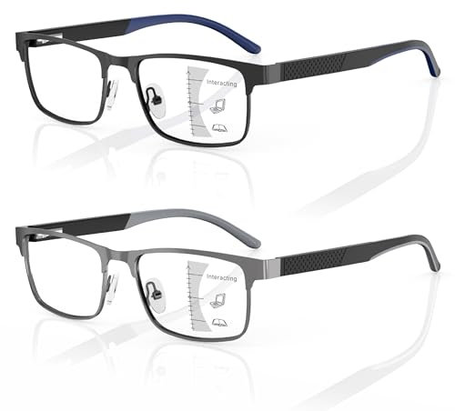 Amorays 2 Pack Gleitsichtbrille Progressive Multifokus Lesebrille Herren Metall Anti-Blaulicht Lesebrillen mit Federscharniere 8003(Schwarz&Grau，+3.00