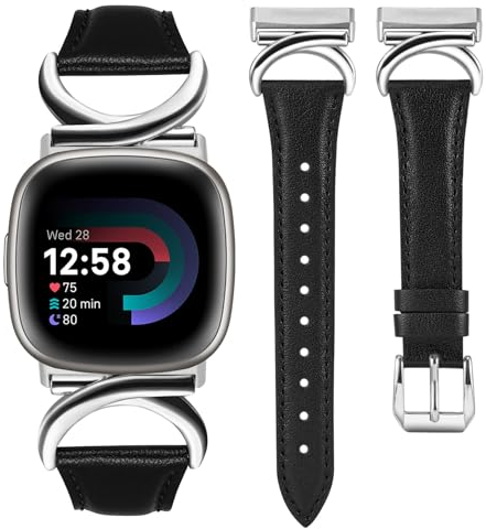 TOYOUTHS Lederarmband kompatibel mit Fibit Versa 4/Versa 3/Sense 2/Sense Armband Damen, Schlank Elegant Dressy Armbänder mit C-förmiger Schnalle für Versa 4 3 Sense 2, Schwarz/Silber