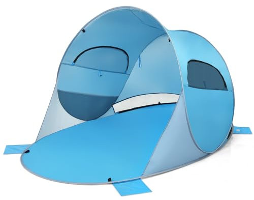GYMAX Tente de Plage Pop-up, Abri Solaire pour 3 à 4 Personnes, Porte et 2 Fenêtre Enroulables, Protection UPF 50+, pour Camping, Pique-Nique, avec Sacs de Sable, Sac de Transport (Bleu)