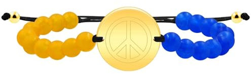 JunyiDIY Flag Color Natural Crystal Bracelet - Matte Blue and Yellow Agate Beads with Stainless Steel Peace Symbol | Adjustable Jewelry for Men Women（Gold）