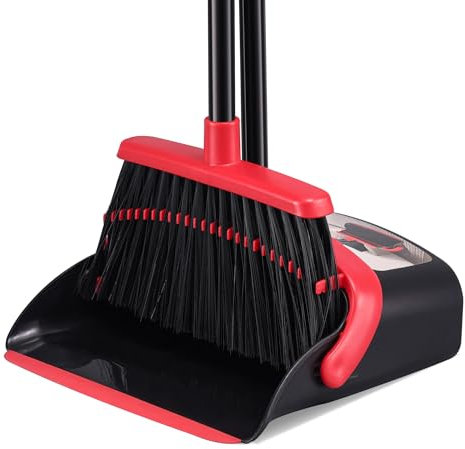 Broom with Dustpan Combo Set, Hand Broom and Dustpan Set for Sweeping Indoor Angle Broom for Home Office Kitchen Lobby Floor Pet Hair Indoor&Outdoor Cleaning (Big Black&Red)