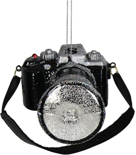 Christbaumschmuck Glas 12,1cm - Fotoapparat Figur zum Aufhängen - handbemalt & mit Glitzer - Weihnachtsbaum Anhänger für Weihnachten - Christbaumanhänger & Weihnachtsbaumschmuck - Foto Kamera Schwarz