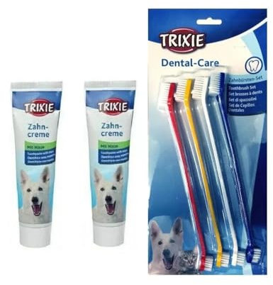 x2 Dog Toothpaste 100g Mint Flavoured Toothpaste + Pack of 4 Double Ended Toothbrushes for Oral Hygiene Trixie