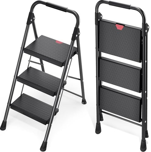 KINGRACK Step Ladder, Folding Step Stool with Handrail, Anti-Slip Wide Pedals, Safe-Lock Design, Pass 800lbs Load Testing, Portable Ladder for Multi-Purpose in Home, Kitchen, Black (3 Step Ladder)