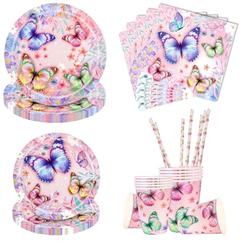 Aitsite Lot de 50 assiettes de fête papillon pour 10 invités - Assiettes, gobelets, serviettes de table