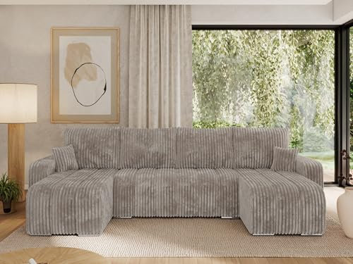 MKS MEBLE Sofa mit Schlaffunktion - Ecksofa - Couch - Schlafsofa - Bettsofa - Schlafsofa mit Bettkasten - Kirasso U -Hellbraun Cord