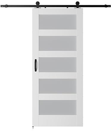 Barn Door Hardware 5-Panel Glass Barn Door with Sliding Door Hardware Kit & Handle, Wooden Solid MDF Core & Eco Water-Proof PVC Veneer, White Close The Door More Quietly(36x84 in)