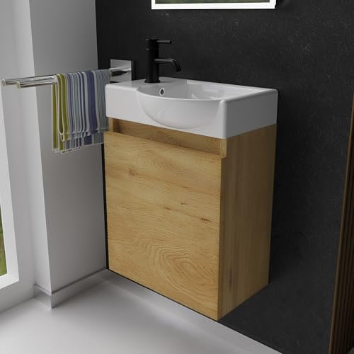 Alpenberger Gäste WC Waschbecken mit Unterschrank | Kleines Badmöbel 45 cm Breit | Waschtisch mit Waschbeckenunterschrank (Eiche Natur, Waschbecken - Rechte Seite)