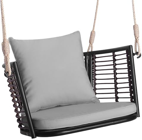 GIANTEX Hängesessel Outdoor, Hängestuhl aus Rattan & Metallrahmen, Hängesitz mit Rücken- & Armlehnen, Schaukelsessel mit Sitz- & Rückenkissen, Schaukelstuhl Hängend mit Hängeseilen bis 180kg belastbar