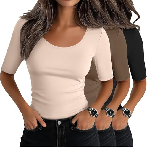 Neer 3 Pack Women's Scoop Neck Tops Half Sleeve Slim Fitted Cotton Blend Stretchy T-Shirts Tight Casual Basic Tees(Small,Apricot, Coffee, Black)