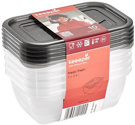 keeeper fredo fresh Frischhaltedosenset 5-teilig, 5 x 0,5 l, Crystal Grey (Transparent)