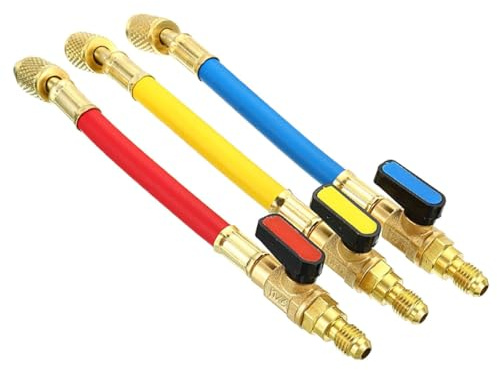 Nicear Juego de 3 mangueras de carga y válvula de bola, con código de colores y válvula de bola de 1/4 SAE para kit de mantenimiento de aire acondicionado y climatización (24 cm)