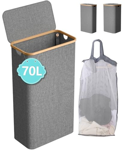 IHOMAGIC Schlanker Wäschekorb mit Deckel, 70L Faltbarer Wäschekorb, Schmutzige Kleidung Korb mit Abnehmbarer Tasche und Griffen, Stabiler Aufbewahrungskorb für Badezimmer, Wohnheim, Grau