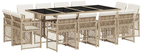 vidaXL Garten Essgruppe 13-TLG., Gartenmöbel Set mit Kissen, Gartengarnitur Tisch 12 Stühle, Sitzgruppe Sitzgarnitur, Beige Poly Rattan