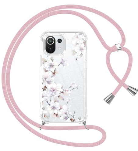 Yoedge Handykette Handyhülle für Xiaomi Mi 11 Lite Hülle mit Band, Durchsichtig Aesthetic Muster Blumen Case mit Kordel zum Umhängen, Weiche Silikon TPU + PC Stoßfest Schutzhülle Cover, 05