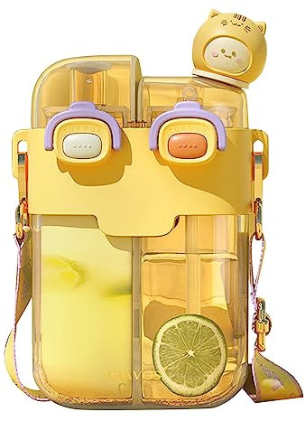 Botella de doble compartimento con pajita de dibujos animados para adolescentes y niños