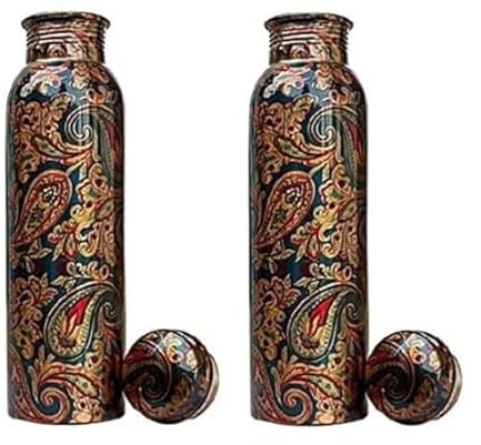 TregoArt Wasserflasche aus reinem Kupfer, mit Paisleymuster, auslaufsicher, für Zuhause und Büro, 2 Stück